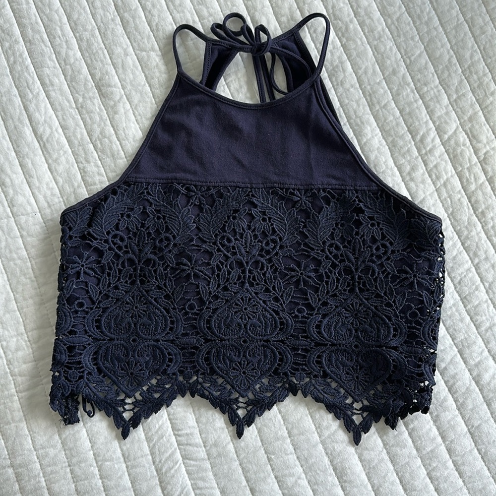 H&M halter crop top with Crochet-Look overlay